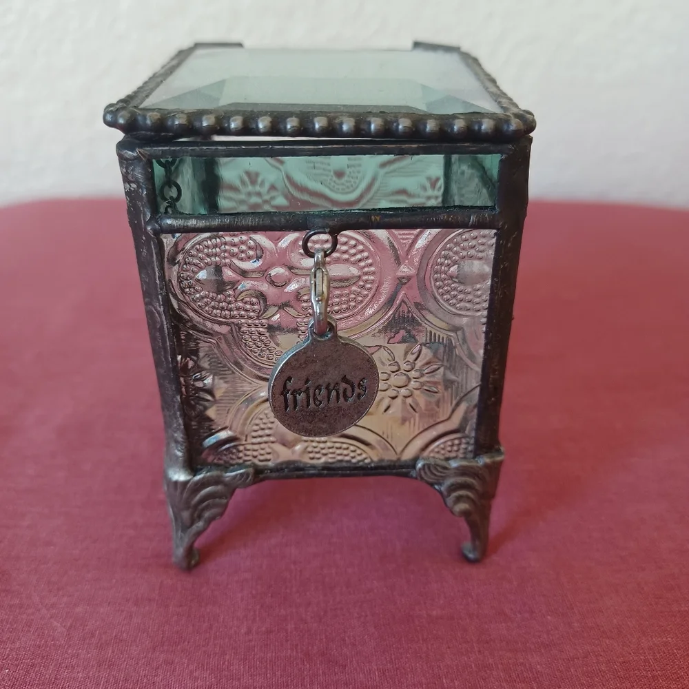 J Devlin Jewelry Keepsake Trinket Box Glass & Metal Friends Charm Vintage 2000